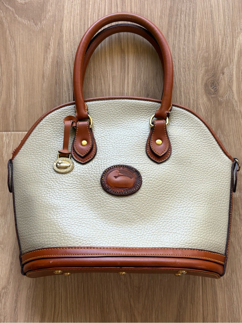 Vintage Dooney & Bourke All Weather Leather Cream & Brown Satchel Handbag